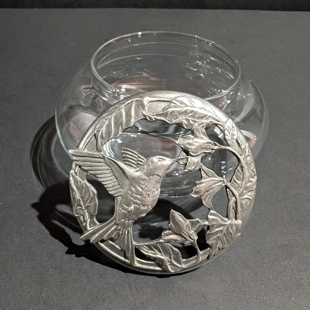 Seagull Canada Pewter Trinket Dish Glass Ja Potpourri Bowl Hummingbird VTG 1988
